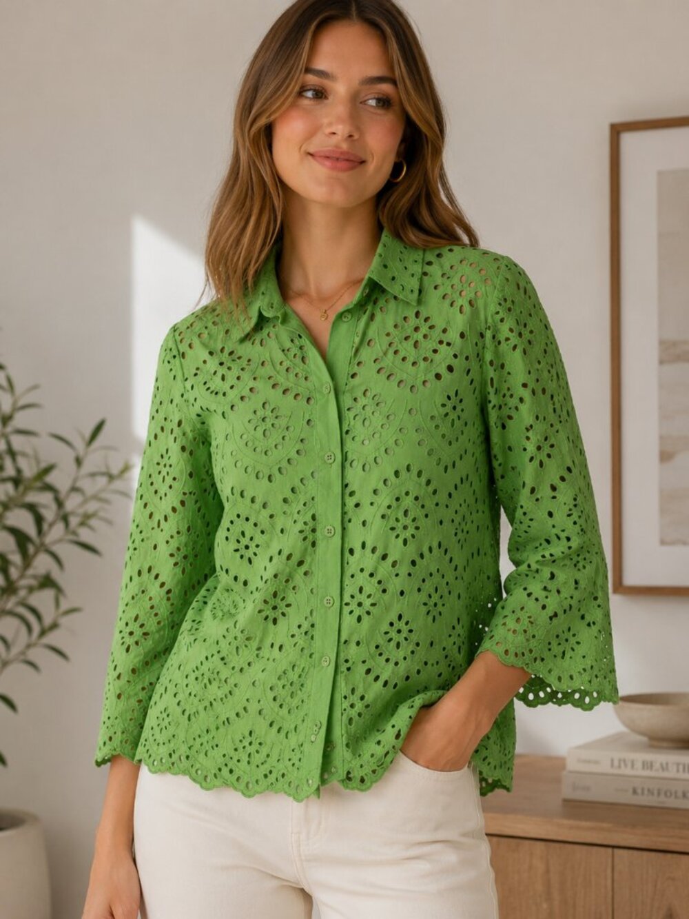 Lime Green Eyelet Button-Down Shirt with Scalloped Hem